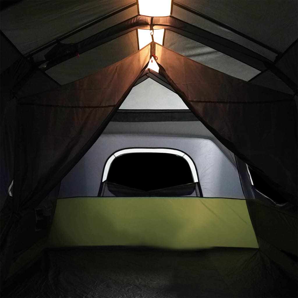 Zijaanzicht van de ruime vidaXL tent met ingebouwd LED-licht en open raam.