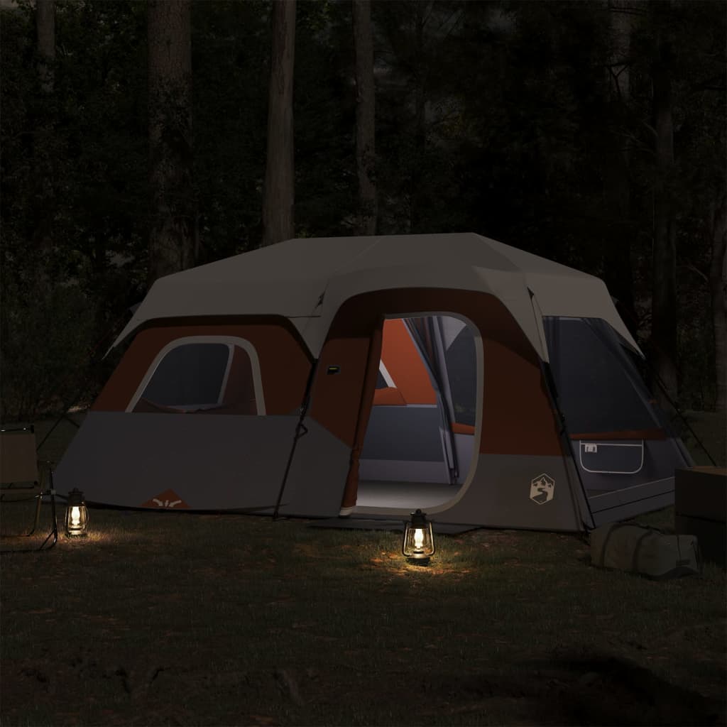 Detail van de vidaXL tent met LED-verlichting in lichtgrijs en oranje, zijaanzicht bij nacht.