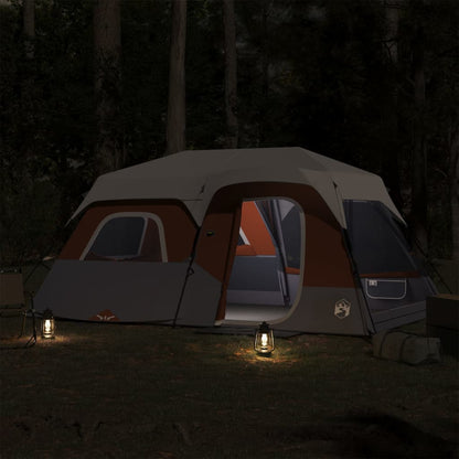 Detail van de vidaXL tent met LED-verlichting in lichtgrijs en oranje, zijaanzicht bij nacht.