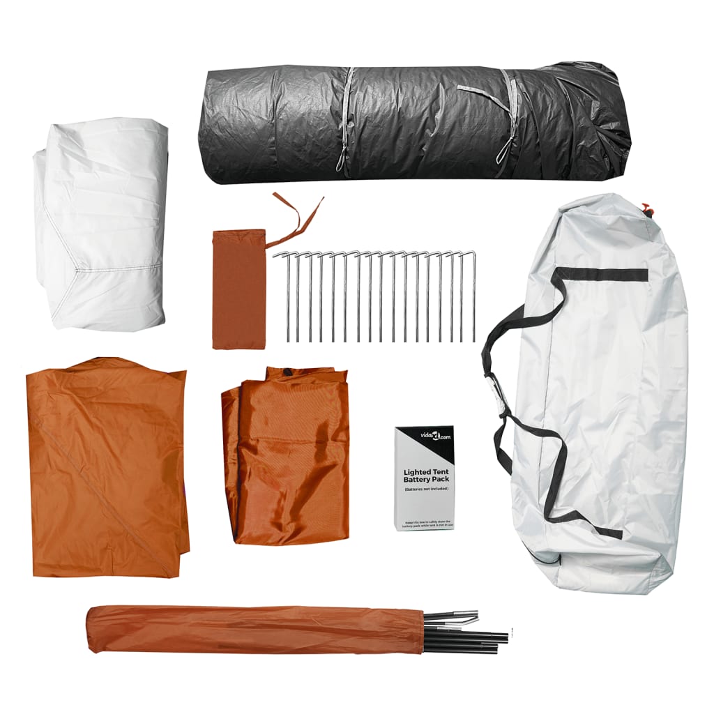 Detail van de vidaXL tentaccessoires, inclusief tentstokken, haringen en batterypack.