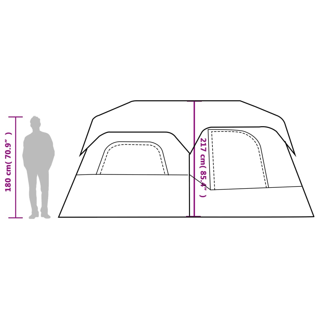 Detailweergave van de tent met afmetingen, inclusief hoogte en ingangsgrootte.