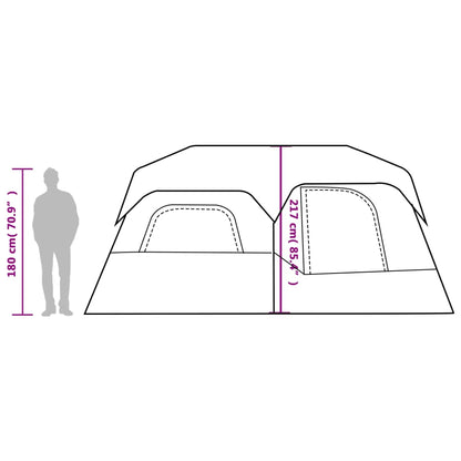 Detailweergave van de tent met afmetingen, inclusief hoogte en ingangsgrootte.