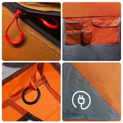 Detail van de oranje binnenzijde met opbergvakken en LED-aansluiting van de vidaXL tent.