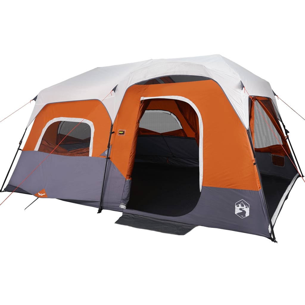 Zijaanzicht van de vidaXL 9-persoons tent in lichtgrijs en oranje met open ingang.
