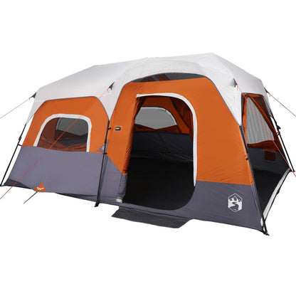 Zijaanzicht van de vidaXL 9-persoons tent in lichtgrijs en oranje met open ingang.