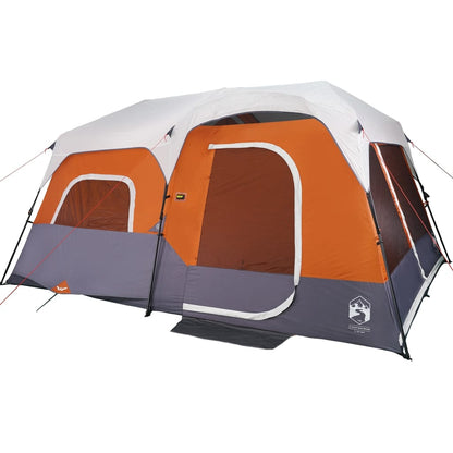 Detail van de tent vidaXL 9-persoons in lichtgrijs en oranje, met zichtbare ingangen en ventilatieopeningen.