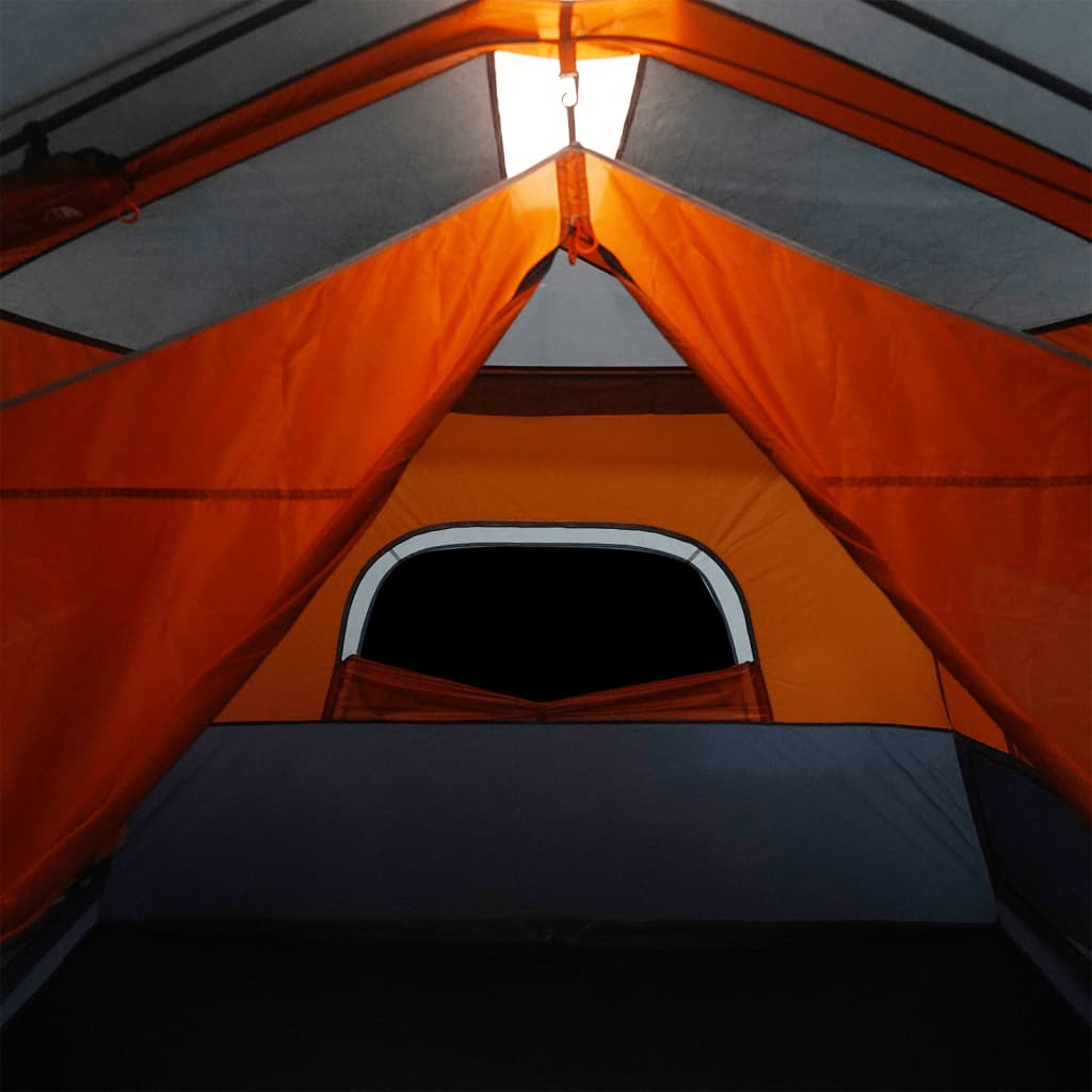 Detail van de oranje binnenzijde van de vidaXL tent met LED-verlichting en raamopening.