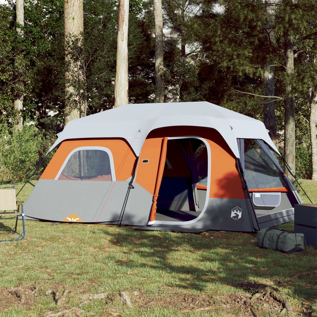 vidaXL tent 9-persoons in lichtgrijs en oranje, waterdicht ontwerp in bosrijke omgeving