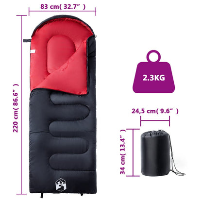 Detailweergave van de vidaXL slaapzak in zwart en rood met afmetingen en gewicht.