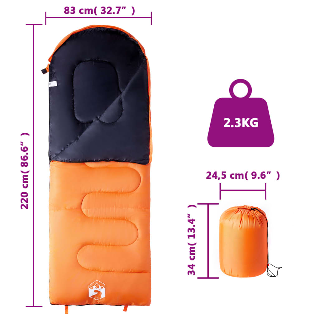 Oranje vidaXL slaapzak voor volwassenen met afmetingen en gewicht, zijaanzicht en opbergtas.