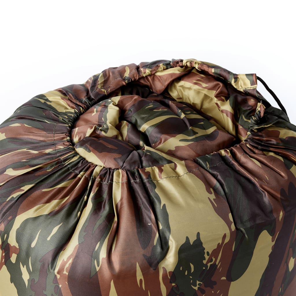Detail van de camouflagedruk van de vidaXL slaapzak met trekkoordsluiting.