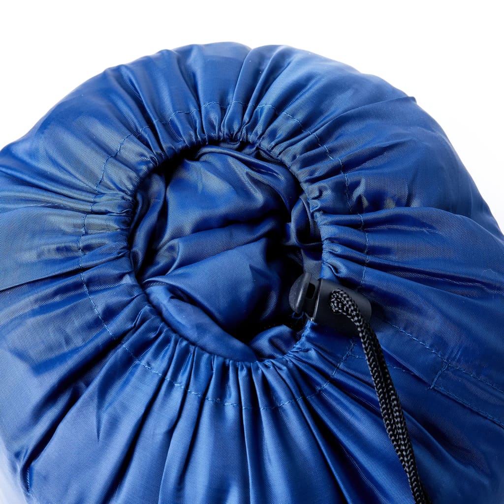 Detail van de ingepakte vidaXL slaapzak in donkerblauw met trekkoord.