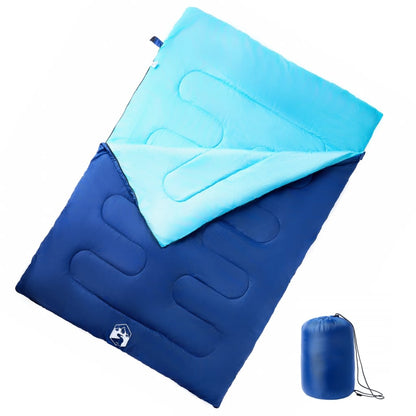 Dubbele vidaXL slaapzak in blauw en turquoise, ideaal voor 3-4 seizoenen met kussens.