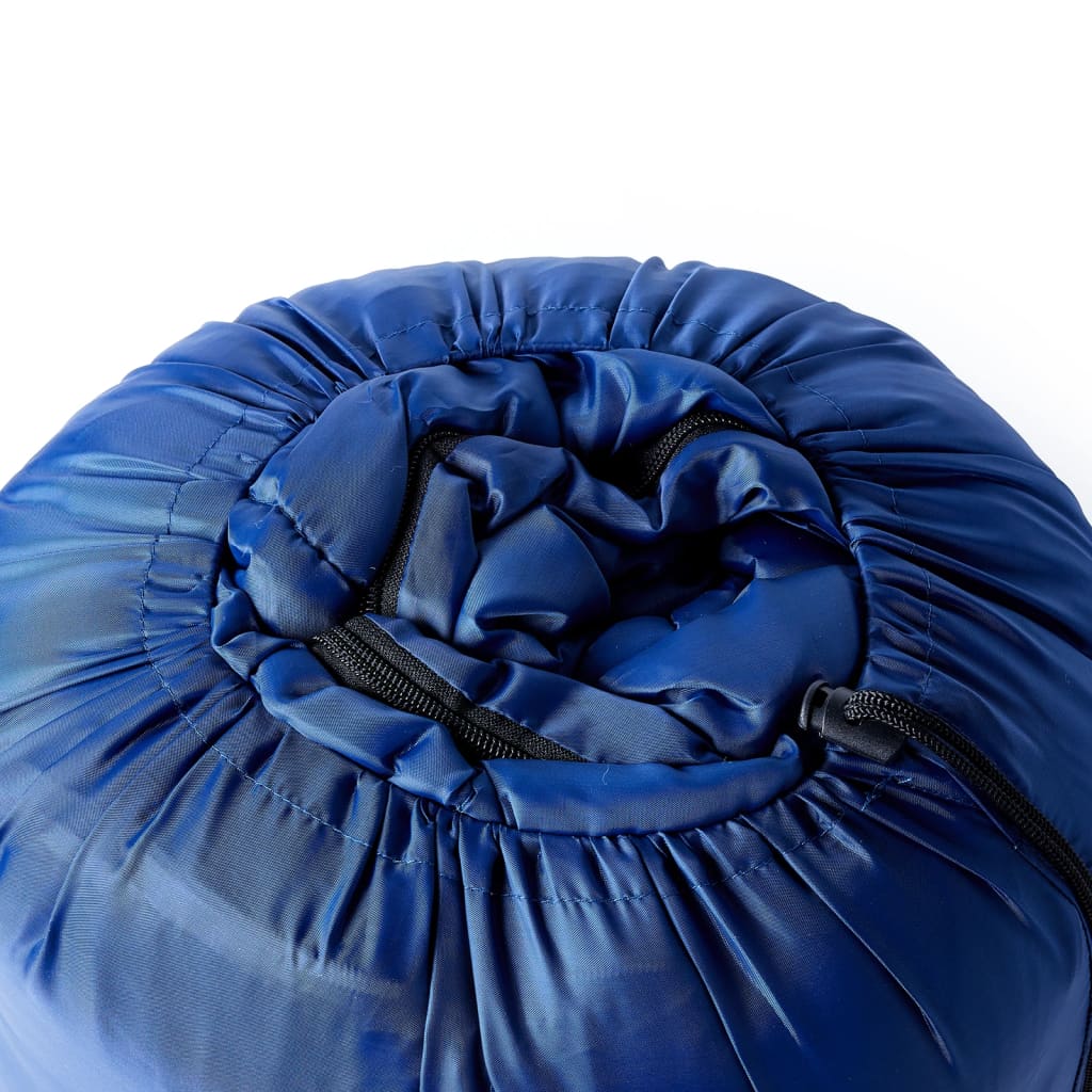 Blauwe vidaXL slaapzak dubbel, compact opgerold met trekkoord en sluiting.