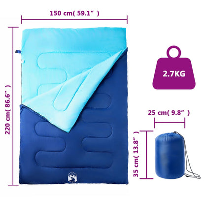 Detail van de vidaXL slaapzak in blauw en turquoise, met afmetingen en gewicht weergegeven.