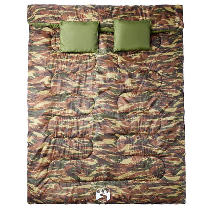 Camouflage slaapzak van vidaXL met twee groene kussens, bovenaanzicht.