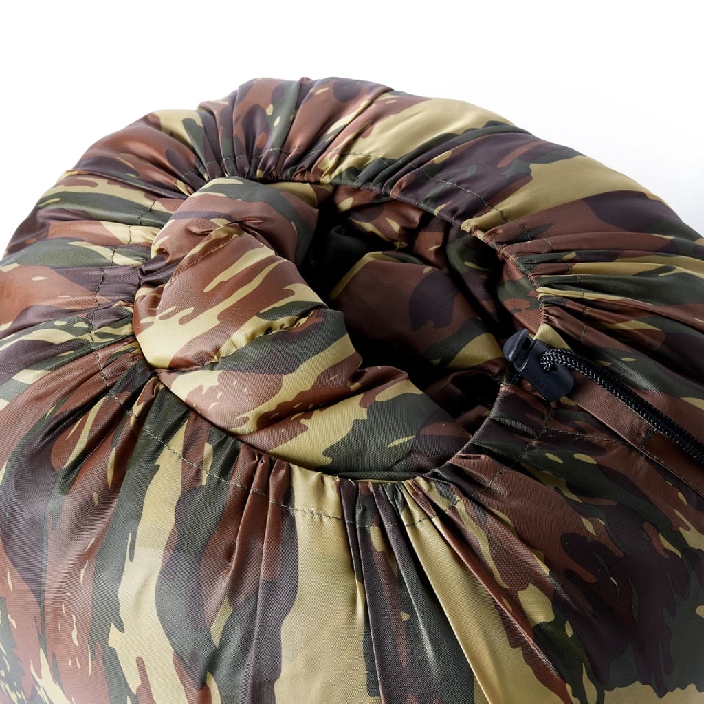 Detail van de opgevouwen vidaXL slaapzak met camouflagepatroon en trekkoord.