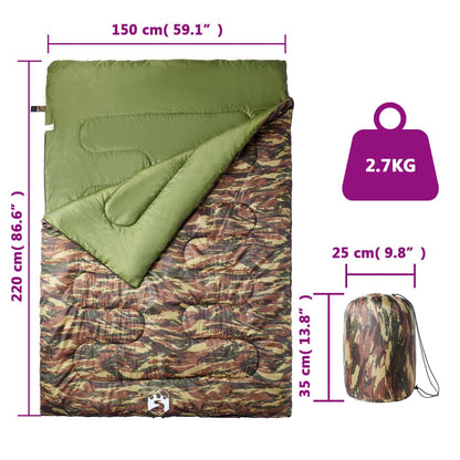 Detail van de vidaXL slaapzak in camouflage met afmetingen en gewicht.