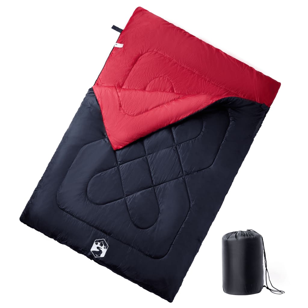Dubbele vidaXL slaapzak in zwart en rood, met kussens en opbergtas.