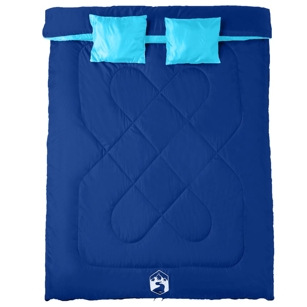 Dubbele vidaXL slaapzak in blauw met twee kussens, bovenaanzicht.