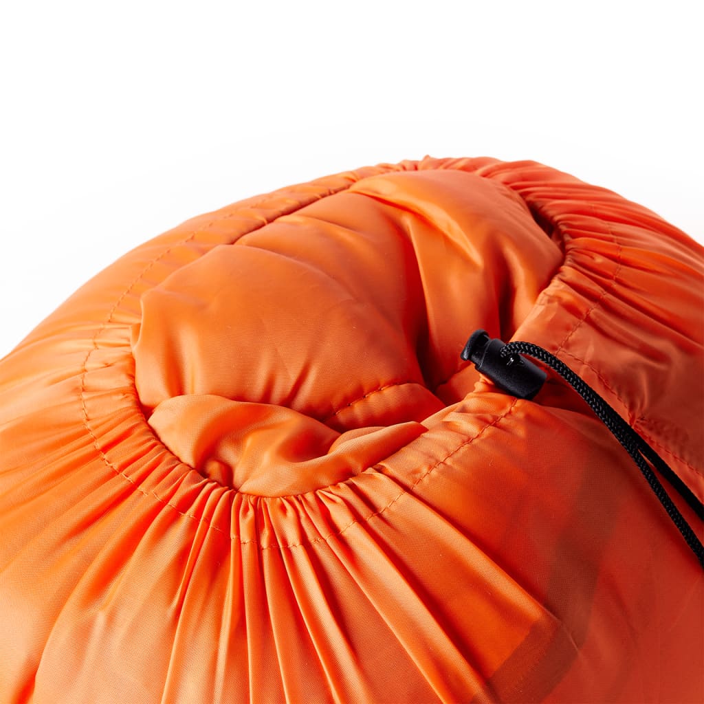 Detail van de oranje rits en het kussen van de vidaXL slaapzak dubbel.
