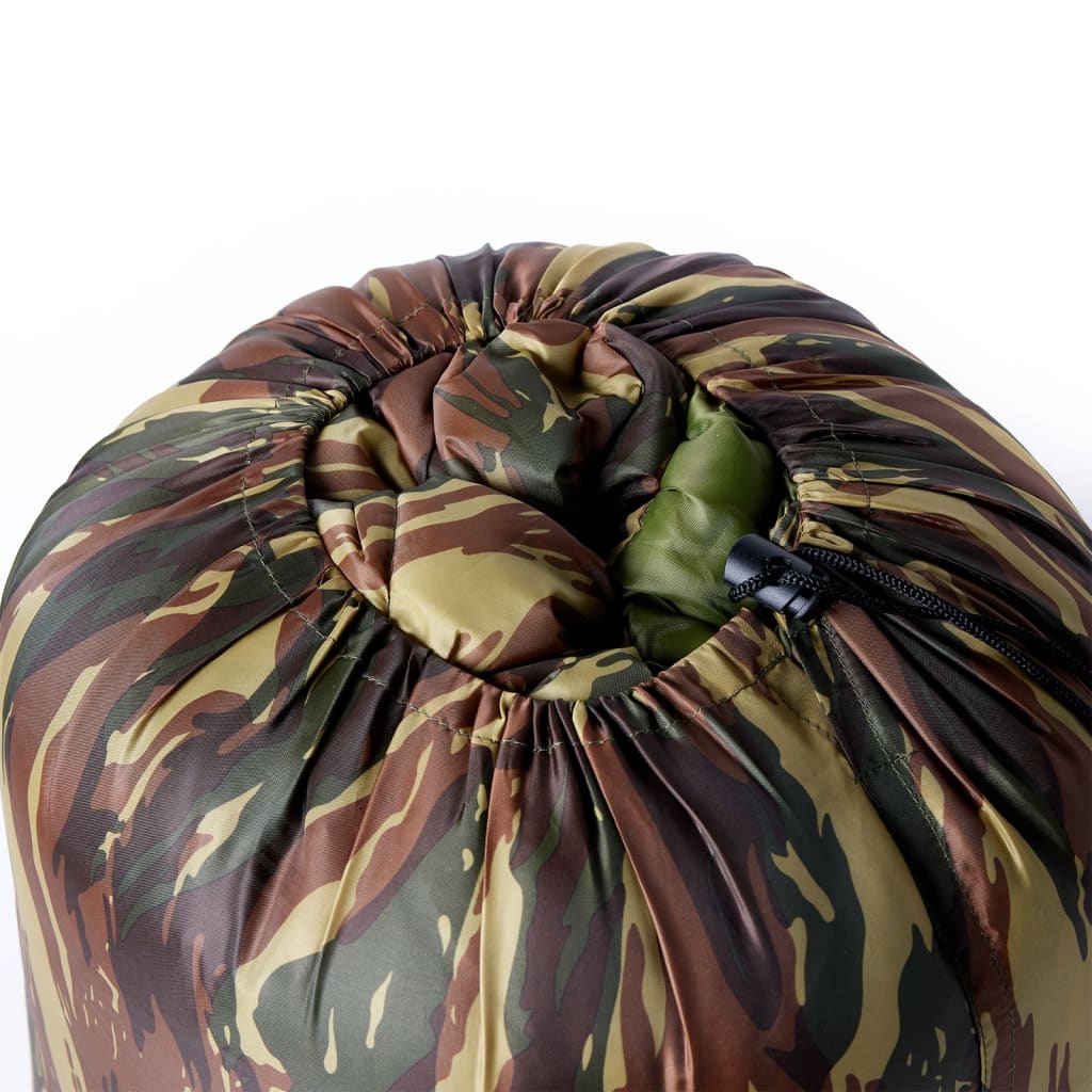 Detail van de ingepakte vidaXL slaapzak met camouflagepatroon en trekkoord.