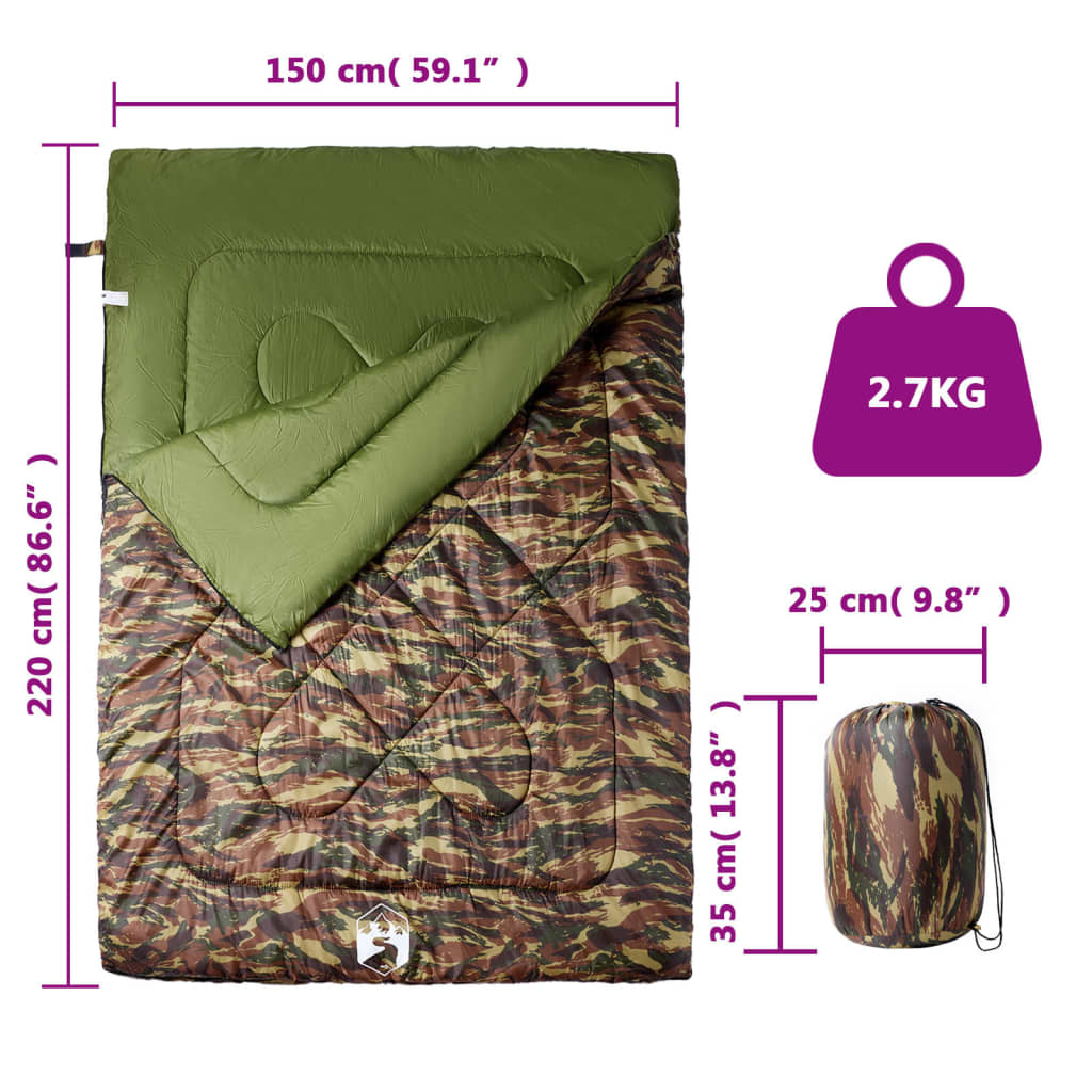 Detail van de vidaXL slaapzak in camouflageprint met afmetingen en gewicht.