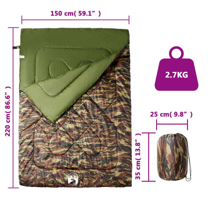 Detail van de vidaXL slaapzak in camouflageprint met afmetingen en gewicht.