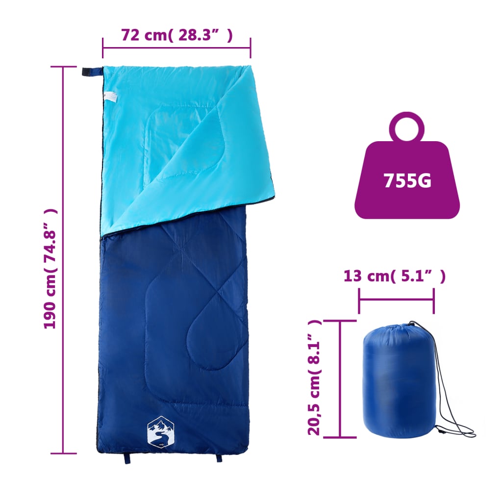 Detail van de blauwe vidaXL slaapzak met afmetingen en gewicht, ideaal voor drie seizoenen.