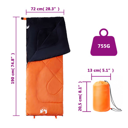 Detailweergave van de vidaXL slaapzak in oranje en zwart met afmetingen en gewicht.