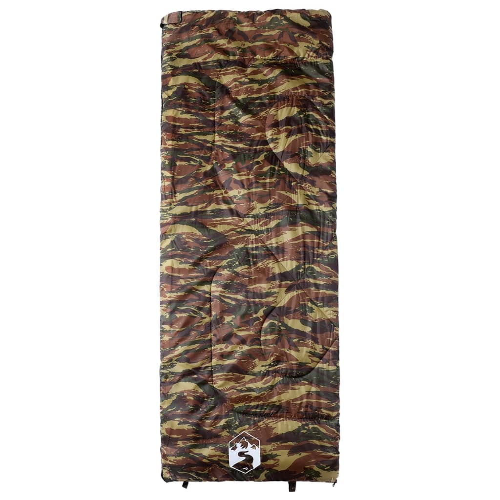 Camouflage vidaXL slaapzak voor volwassenen, zijaanzicht met ritssluiting en gestroomlijnd ontwerp.