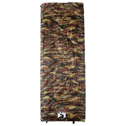 Camouflage vidaXL slaapzak voor volwassenen, zijaanzicht met ritssluiting en gestroomlijnd ontwerp.