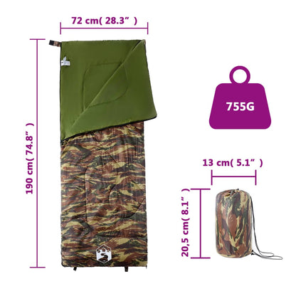 Detail van de vidaXL slaapzak in camouflageprint met afmetingen en gewicht.