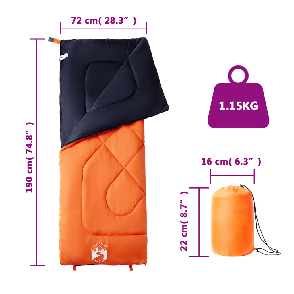 Detail van de vidaXL slaapzak in oranje en blauw, met afmetingen en gewicht.