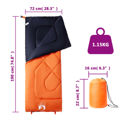 Detail van de vidaXL slaapzak in oranje en blauw, met afmetingen en gewicht.