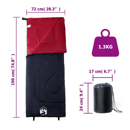 Detail van de vidaXL slaapzak in rood en zwart met afmetingen en gewicht.