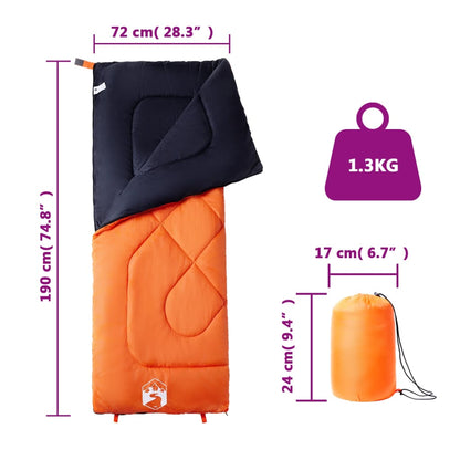 Detail van de vidaXL slaapzak met afmetingen en gewicht, in blauw en oranje.