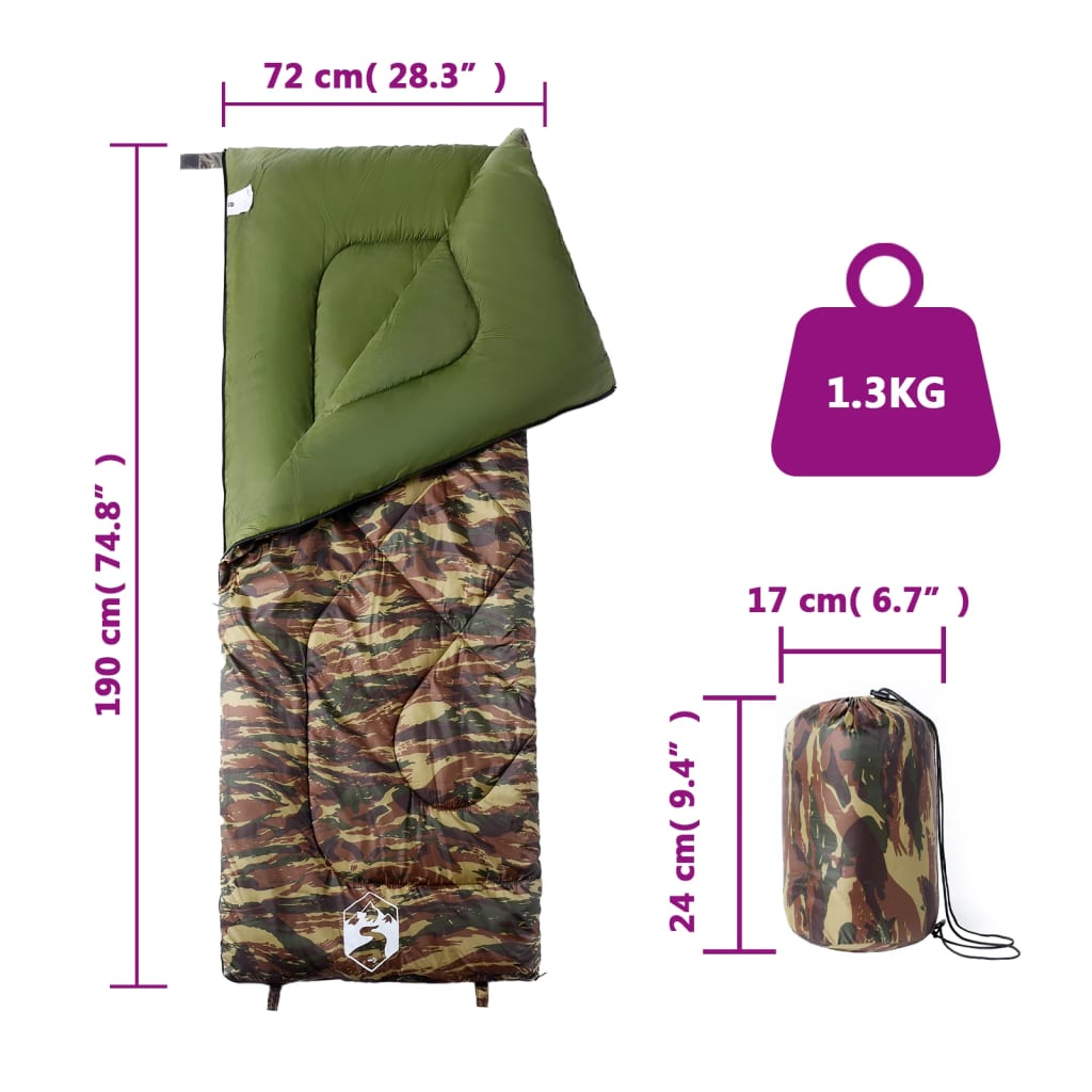 Detail van de vidaXL slaapzak in camouflageprint met afmetingen en gewicht.