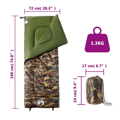 Detail van de vidaXL slaapzak in camouflageprint met afmetingen en gewicht.