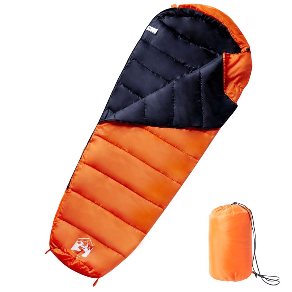 Oranje en zwarte mummie slaapzak van vidaXL, ideaal voor kamperen in drie seizoenen.