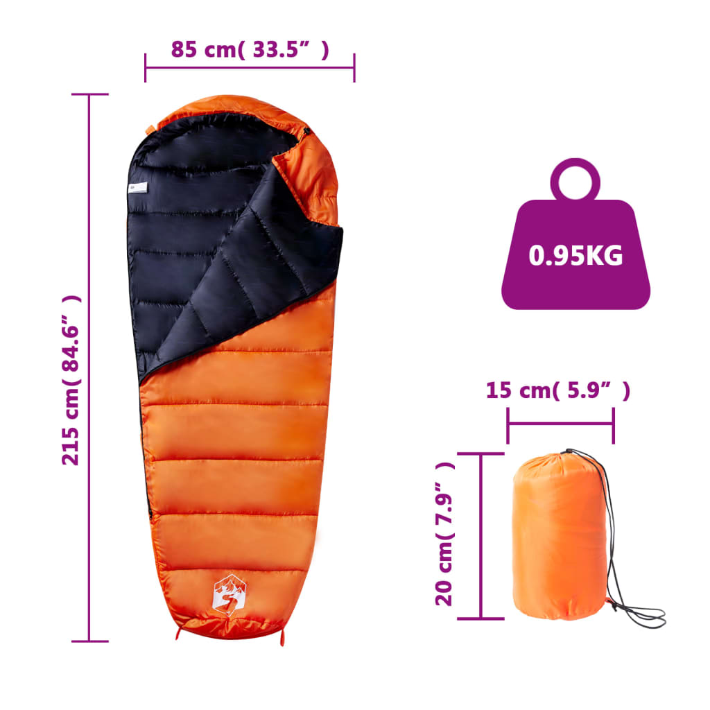 Detail van de vidaXL mummie slaapzak in oranje en zwart, met afmetingen en gewicht.