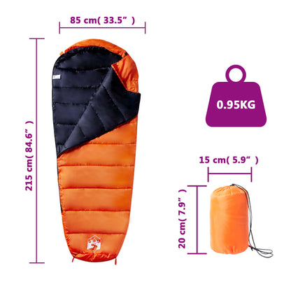 Detail van de vidaXL mummie slaapzak in oranje en zwart, met afmetingen en gewicht.