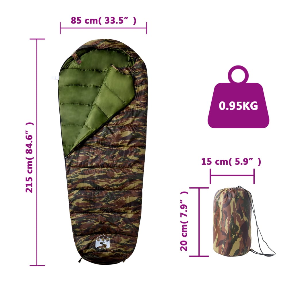 Detail van de vidaXL mummie slaapzak in camouflage, met afmetingen en gewicht.