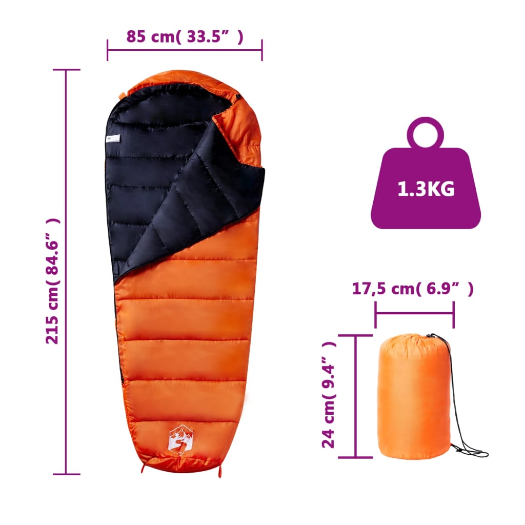 Detail van de vidaXL mummieslaapzak in oranje en zwart, met afmetingen en gewicht.