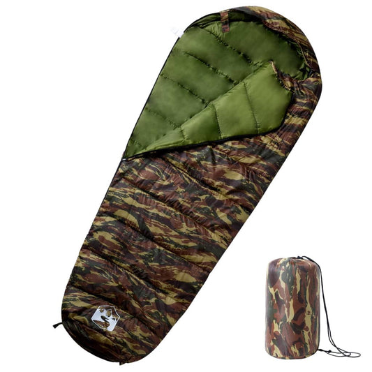 Mummievormige vidaXL slaapzak in camouflagekleur, ideaal voor drie seizoenen.