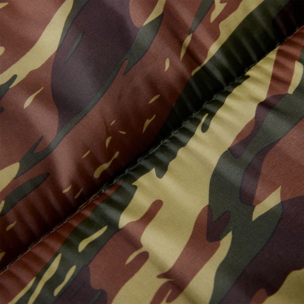 Detail van de mummievormige vidaXL slaapzak met camouflagepatroon en rits.