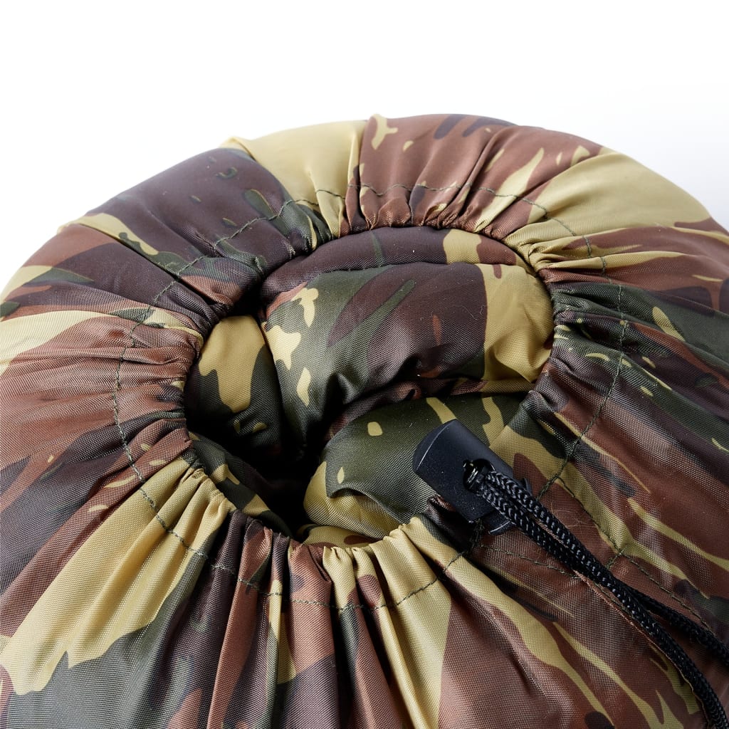 Detail van de mummievormige vidaXL slaapzak met camouflagepatroon en trekkoord.