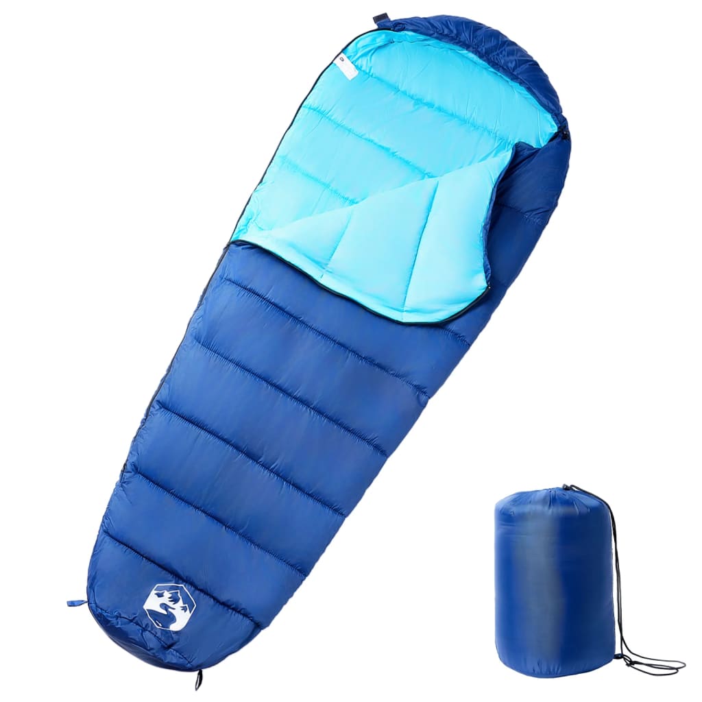 Blauwe vidaXL mummie slaapzak voor volwassenen, met een lichtblauwe binnenvoering en opbergtas.