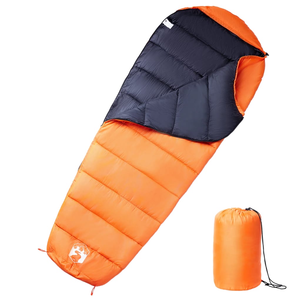 Oranje vidaXL mummie slaapzak voor volwassenen, met zwarte voering en opbergzak.