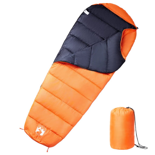 Oranje vidaXL mummie slaapzak voor volwassenen, met zwarte voering en opbergzak.